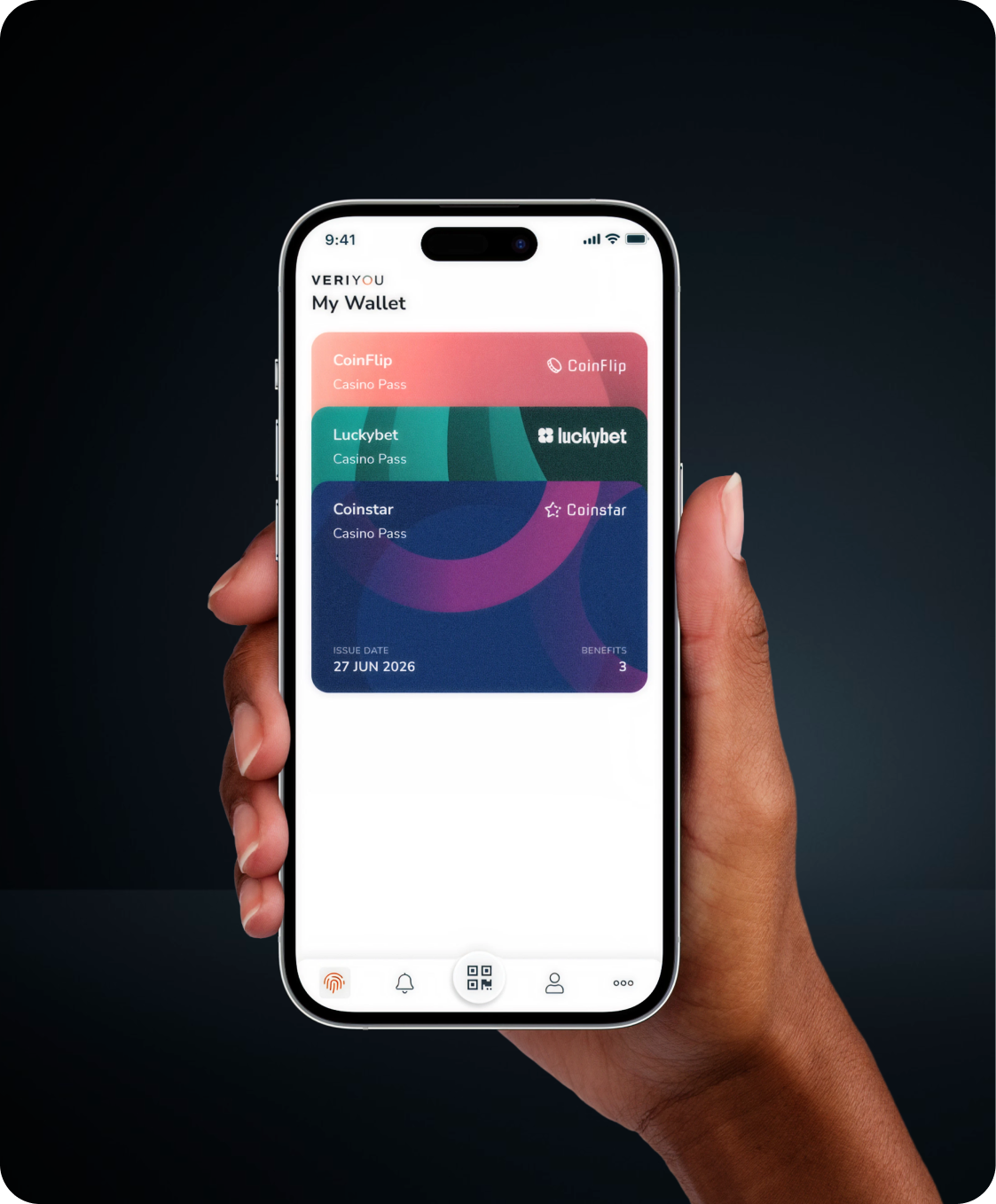 VeriYou wallet on phone showing casino passes